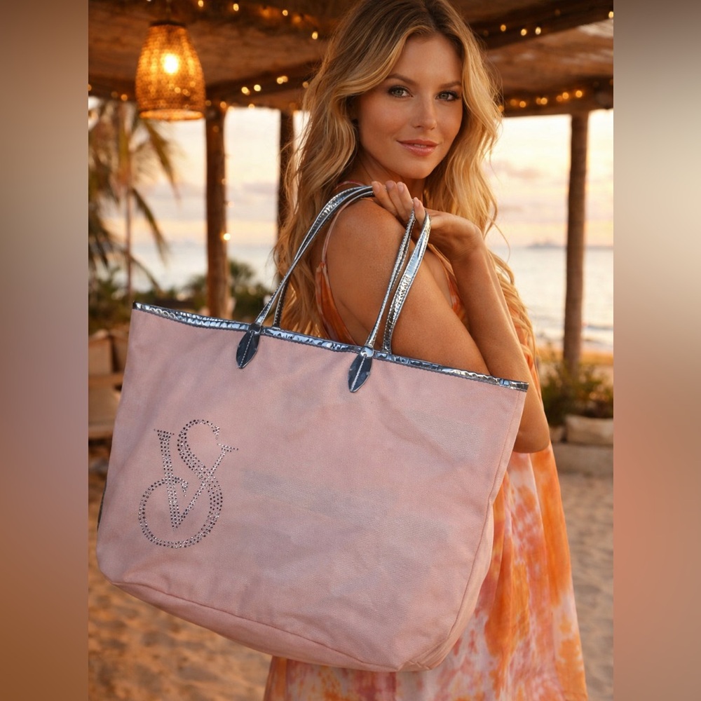 VICTORIA'S SECRET Pretty in Pink Silver Rhinestone BLING Canvas Travel Tote Bag
